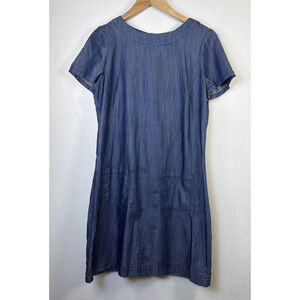 Boden Women’s 8 R Blue Chambray Denim Shirt Dress Neon green back zipper cottage